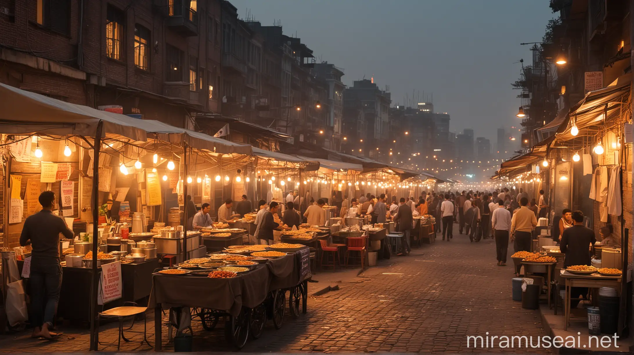 Vibrant Urban Night Market Scene with Street Food Stalls