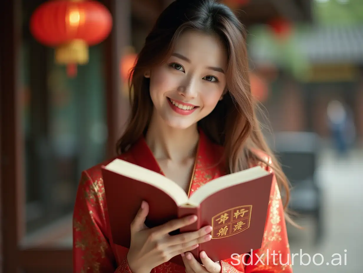 Chinese beauty in OL outfit, sexy and sweet smile, brown hair, fair skin, tall figure, reading a book