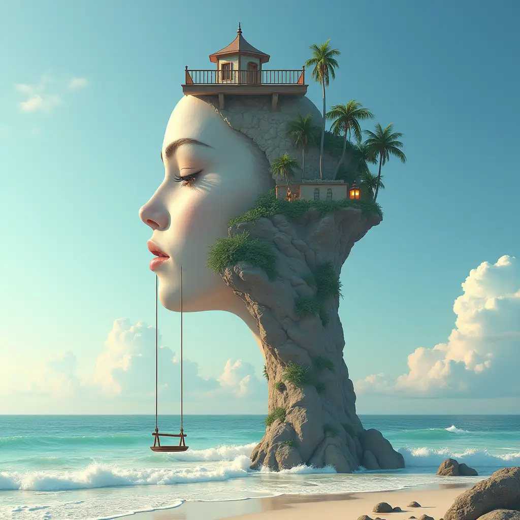 Face transforms into a tall building with terrace, lantern and hanging swing on the beach with waves and clouds