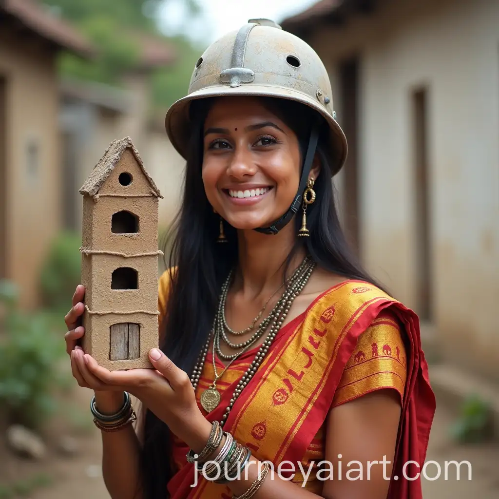 Indian-Woman-Smiling-with-Helmet-Holding-a-Building-in-Hand