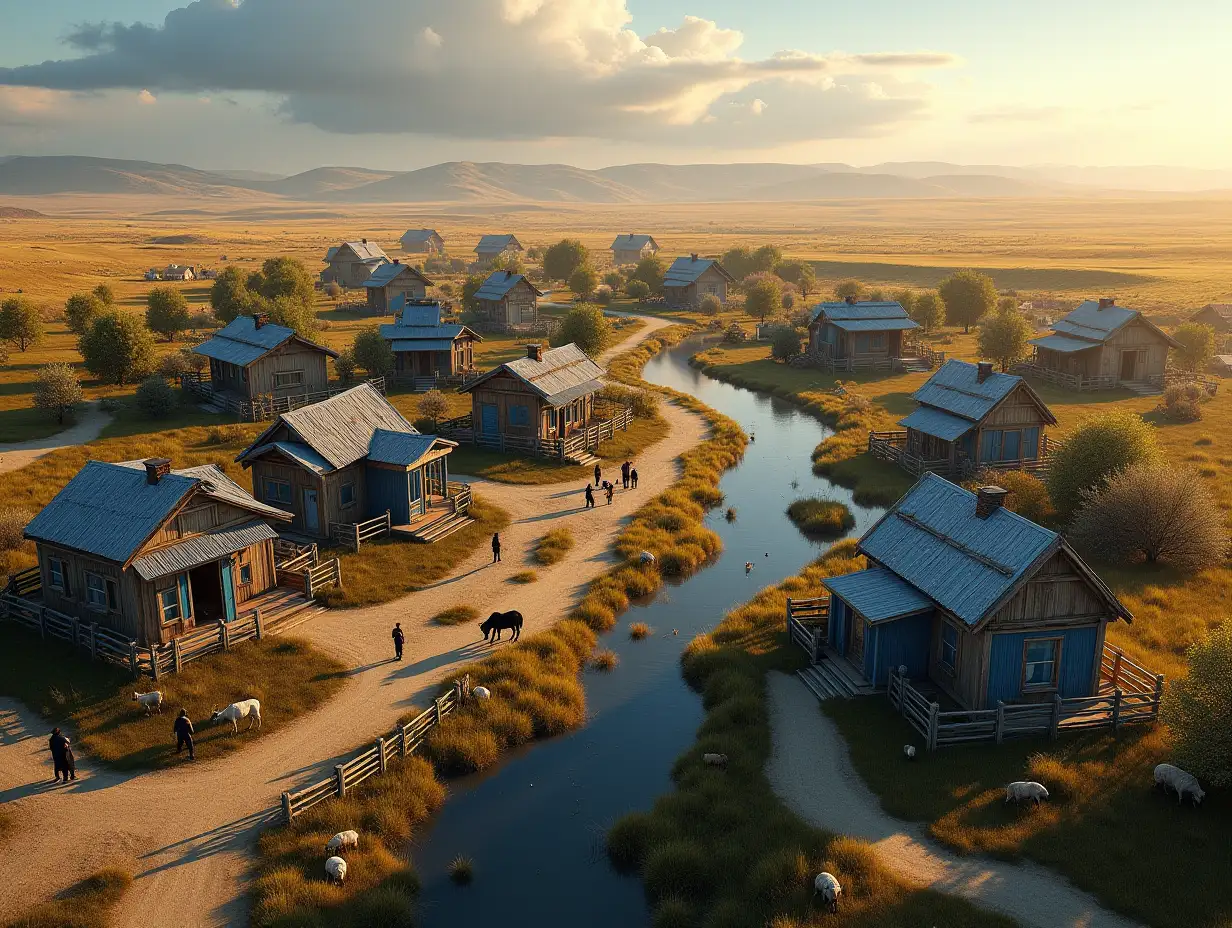 A stunningly realistic 3D-rendered bird's-eye view of Borovskoye village in Mendykary district, Kostanay region, Kazakhstan. The scene captures a lively rural settlement with traditional Kazakh houses featuring blue and white walls, wooden fences, and metal roofs. The village is bustling with daily life—villagers can be seen walking along winding dirt roads, tending to their gardens, and chatting in small groups. Farmers are working in the fields, while children play near the houses. Throughout the village, various domestic animals such as cows grazing near wooden fences, sheep roaming the open fields, and horses standing by a small stable add to the authenticity of the scene. Chickens peck the ground near rustic barns, and a few dogs rest in the shade. A winding river meanders through the settlement, reflecting the warm golden hues of the late afternoon sun. Beyond the village, rolling hills and the vast Kazakh steppe stretch toward the horizon, bathed in soft light under a vast, partly cloudy sky.