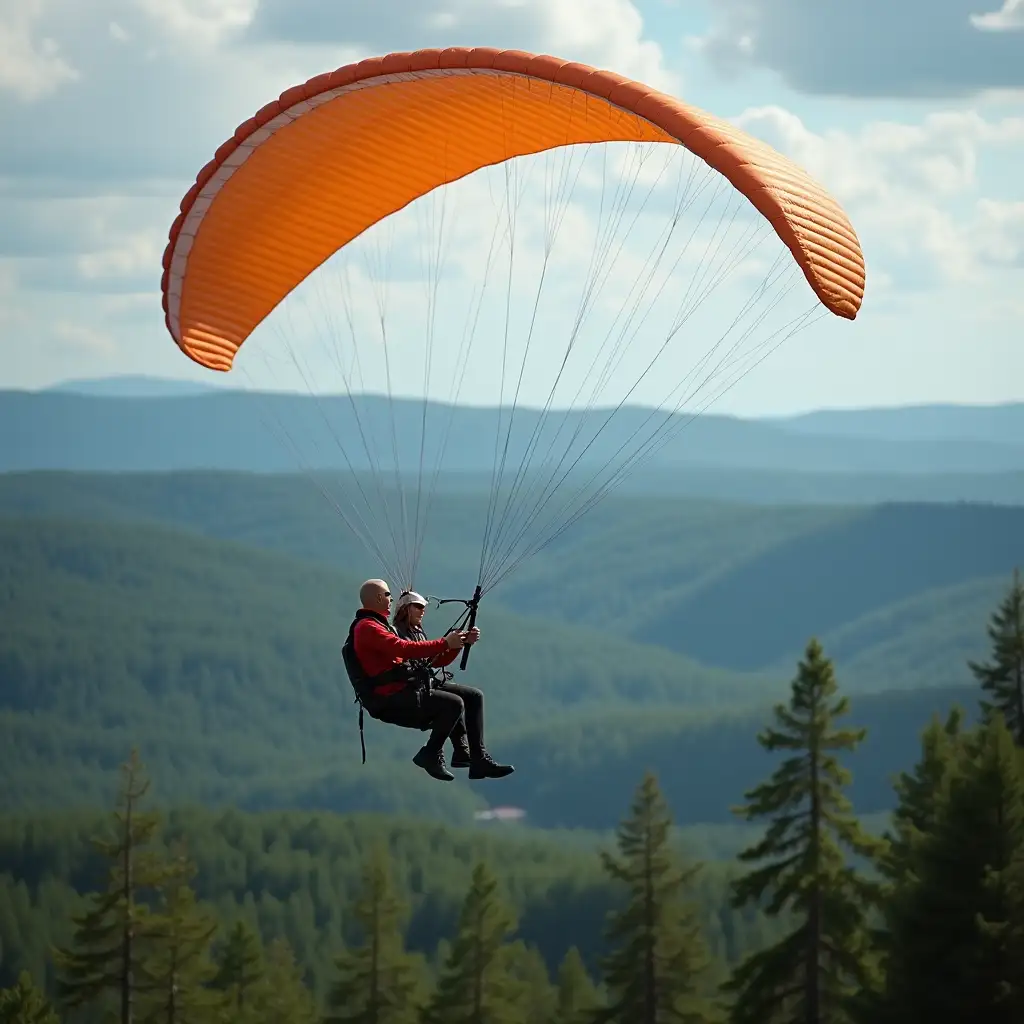 stylish young woman and instructor happily flying on a paraglider in Sochi over the forest