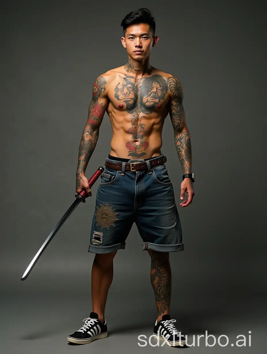 a skinny young man (indonesian), shirtless, wearing short jeans pants and adidas sneakers, full body Japanese yakuza tattoo, colorful tattoo, holding katana, facing towards camera