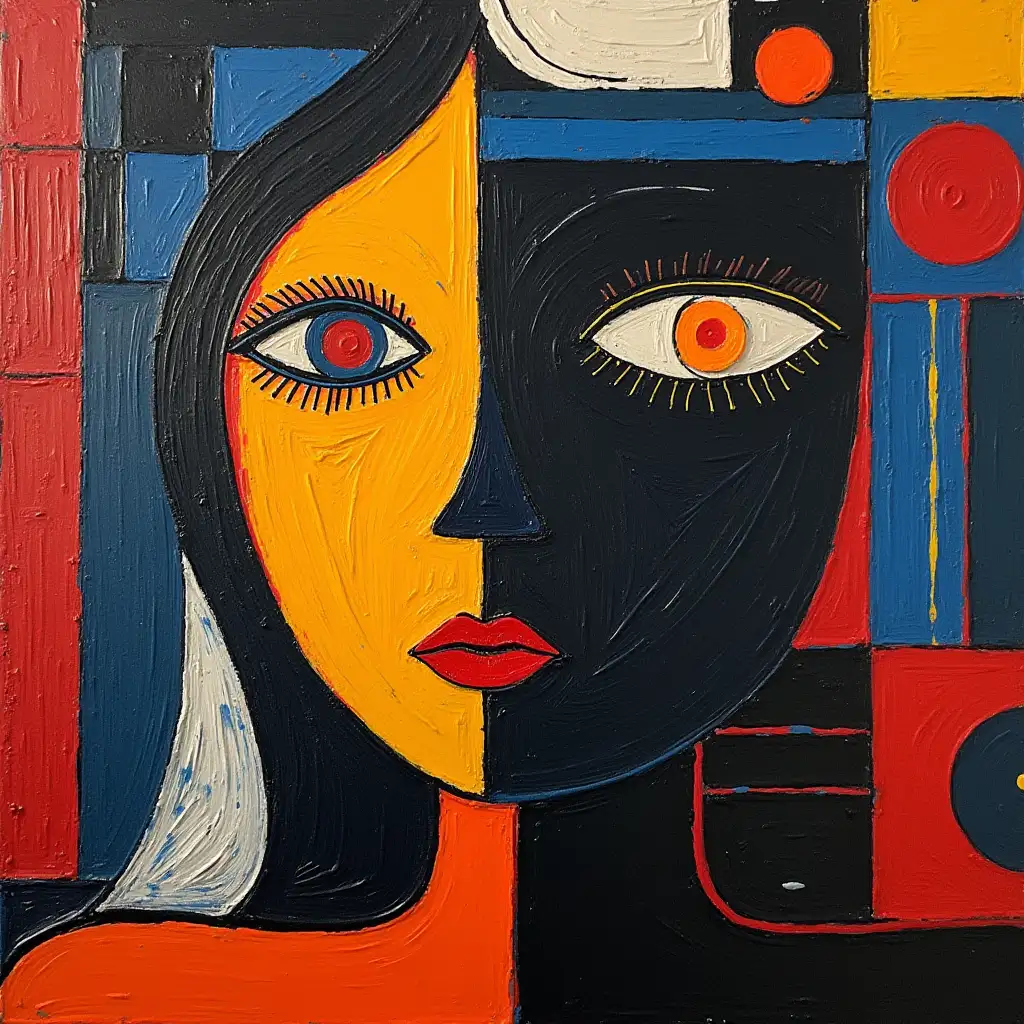 Checkered pattern, striped, primitively schematic minimalism, face eyes darkness in the style of Kandinsky, Malevich, minimalism, simplify for beginner artist acrylic many colors, constructivism abstractionism, gloomily