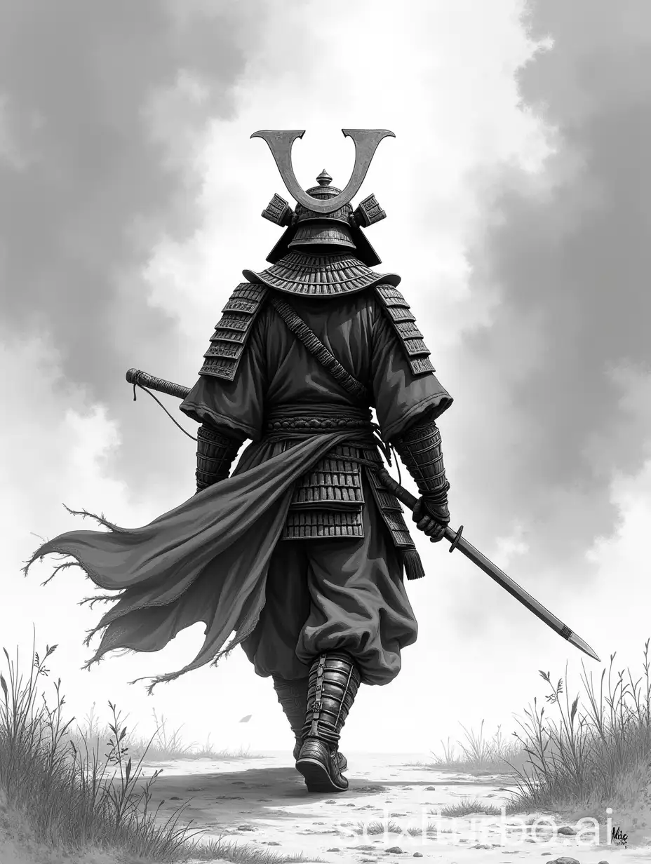 line art of a impressive samurai warrior walking facing us in the wind, Dark Atmosphere, 1bit bw, style of 1977 AD&D