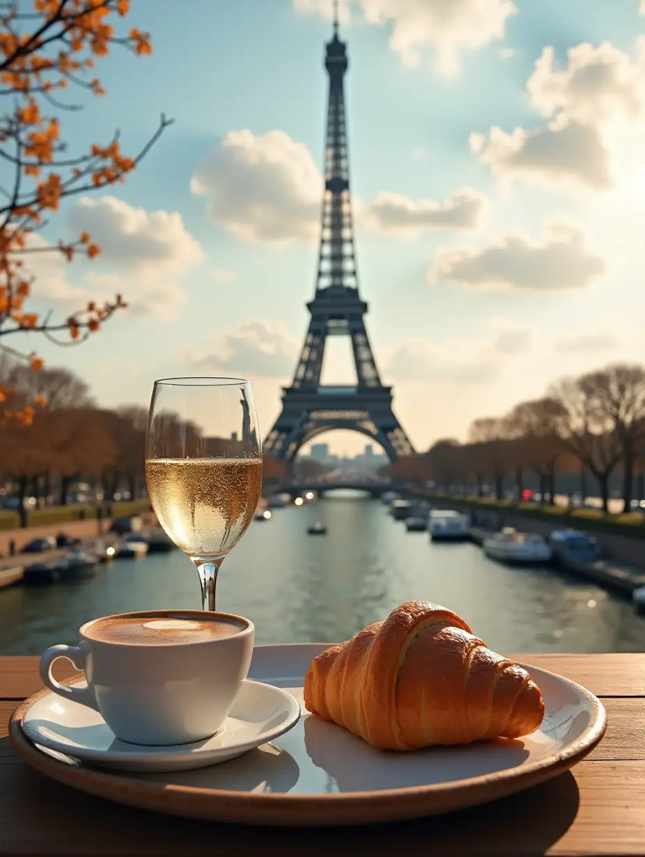 Romantic-Moment-by-the-Seine-with-Croissant-Coffee-and-Wine