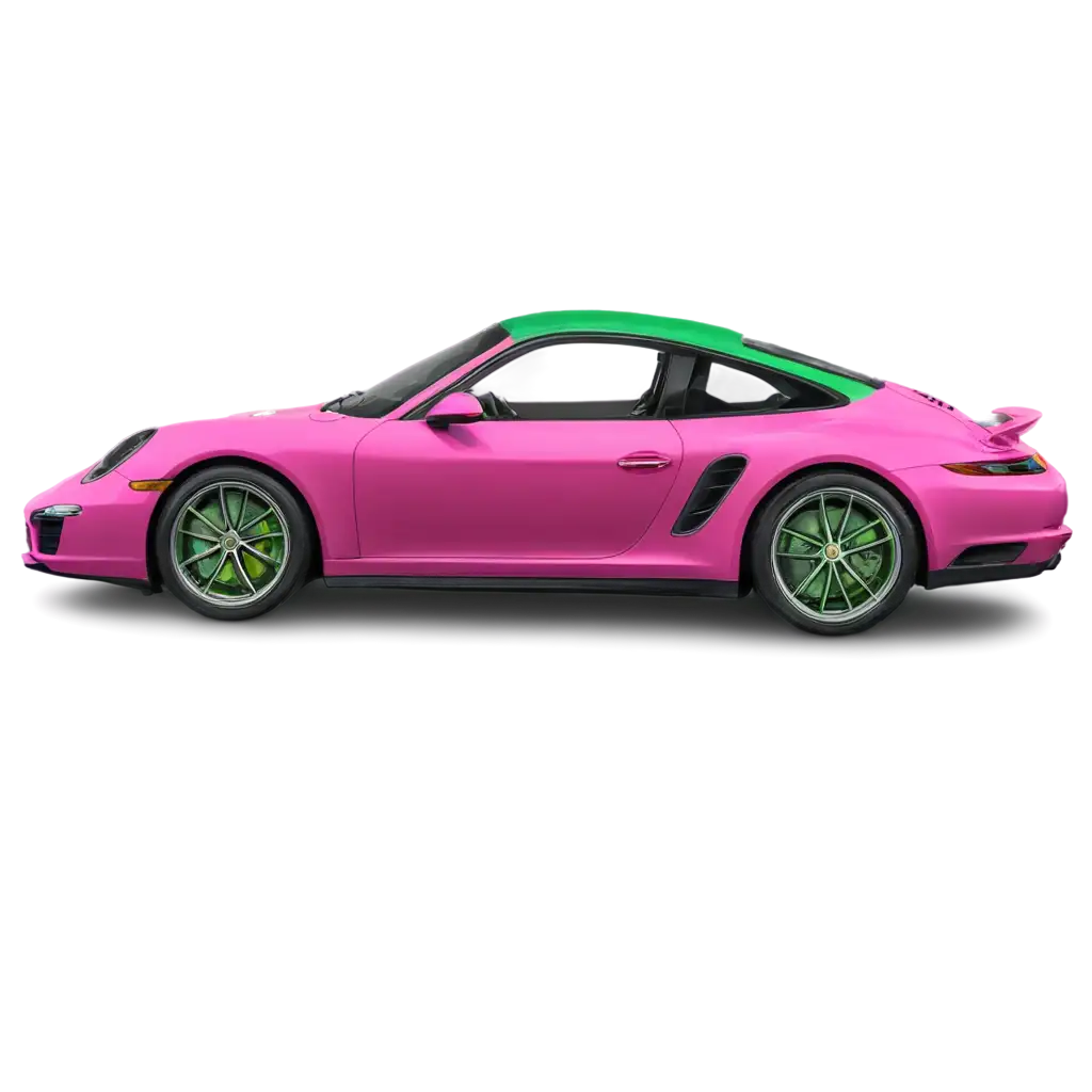 a vivid pink porche 911 with a green interior