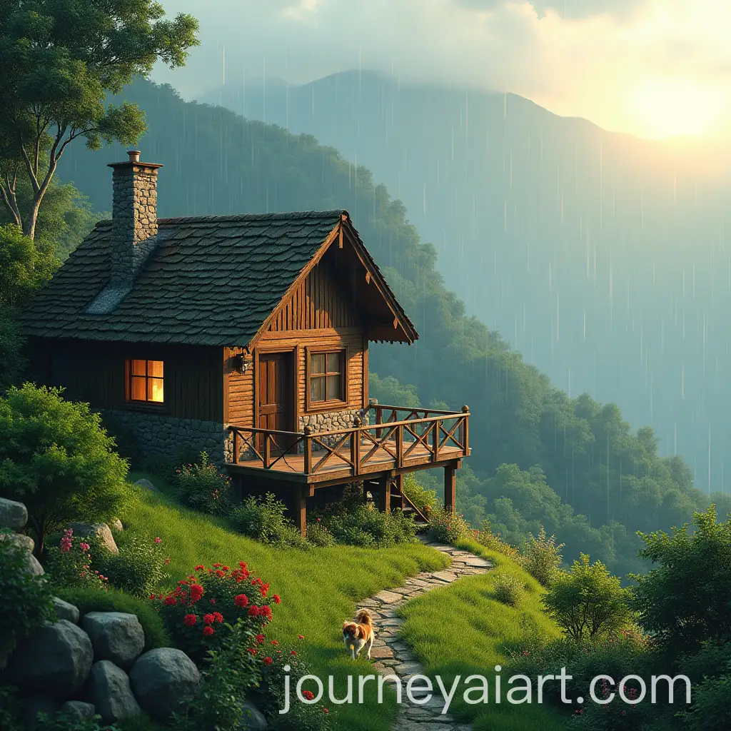 Charming-Mountain-Bungalow-with-Vibrant-Garden-and-Playful-Dog-at-Sunrise