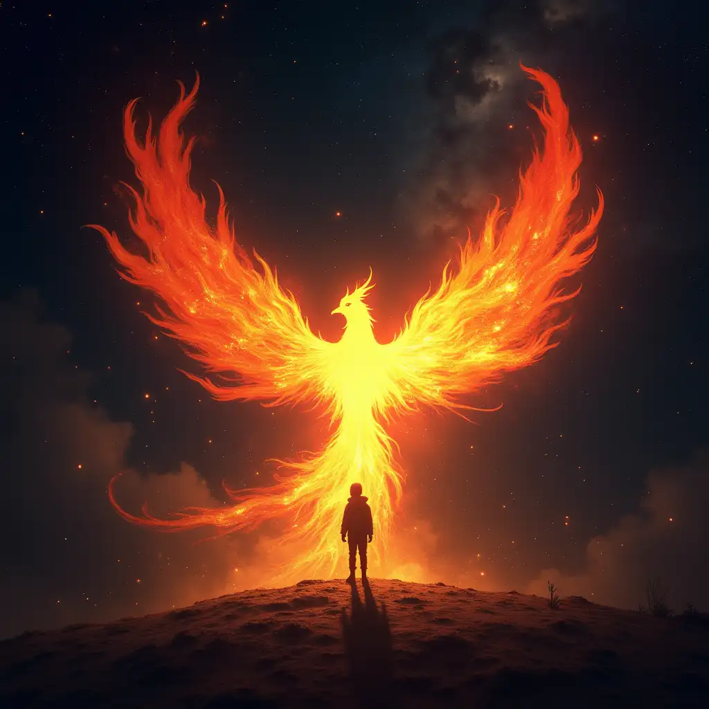 Space Phoenix coming out of the words 'Space Phoenix' with a space background put a shadow of a boy somewhere.