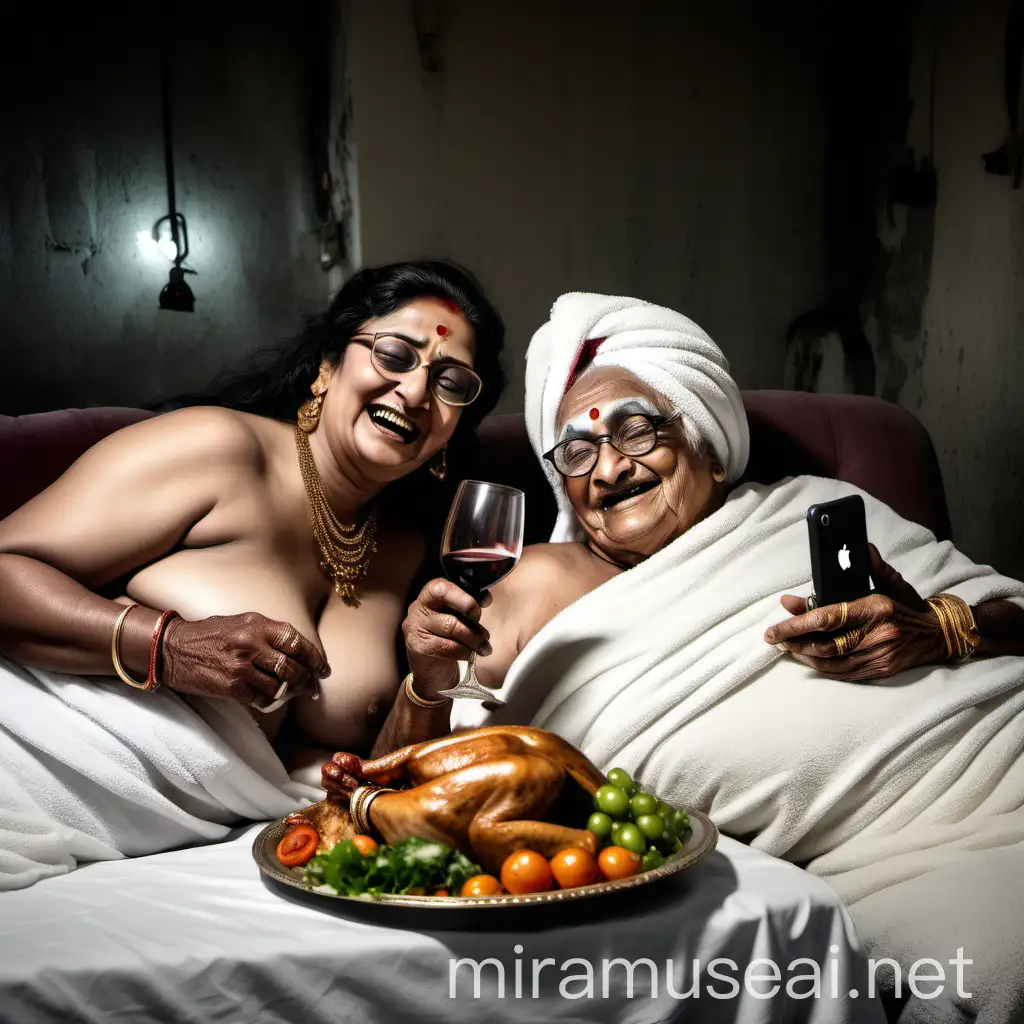 A Playful Night Young Man and Elderly Woman Enjoying a Whimsical Sleepover