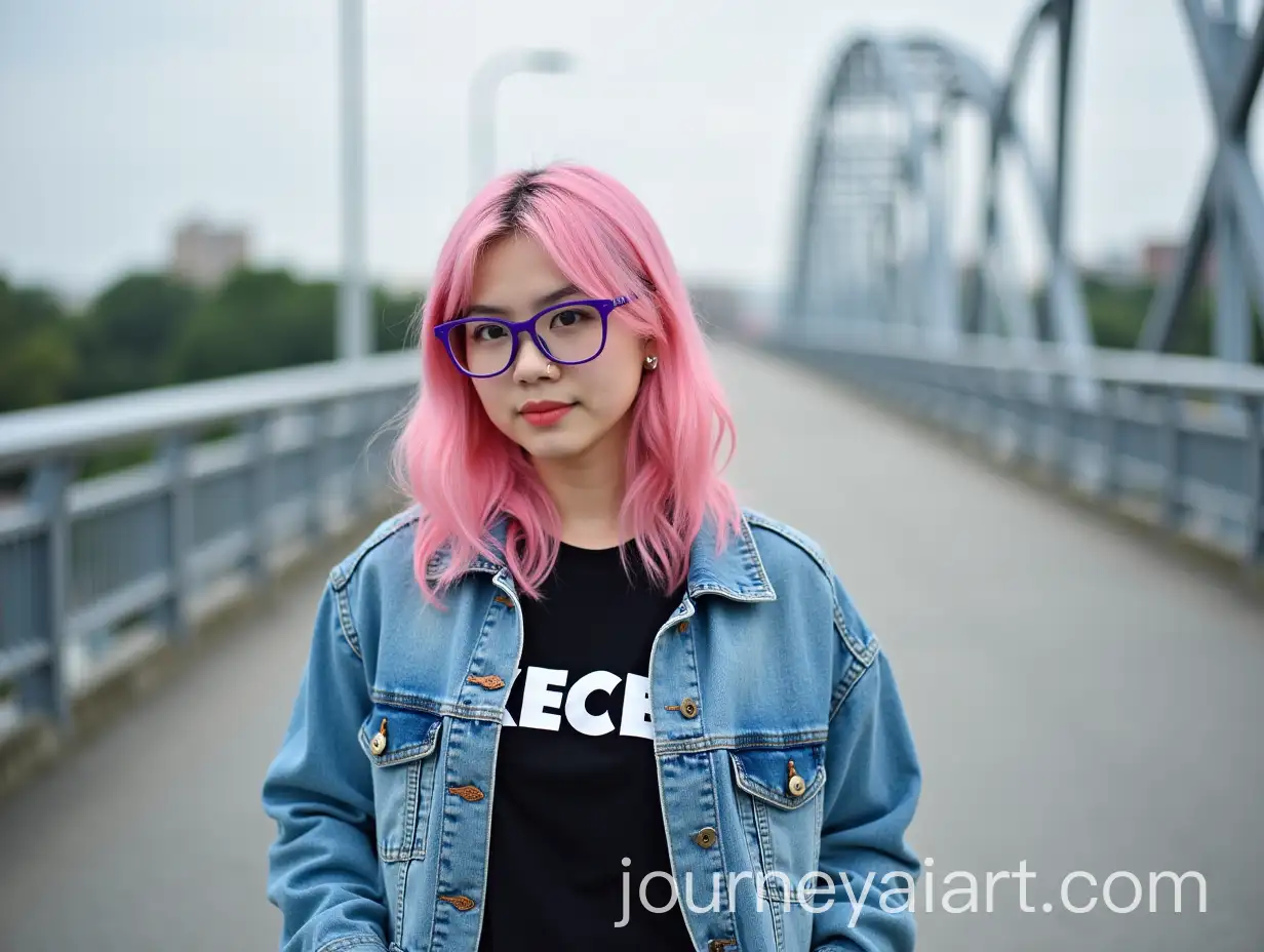 Beautiful-Asian-Woman-with-Pink-Hair-and-Purple-Glasses-Standing-on-a-Bridge-in-Japan