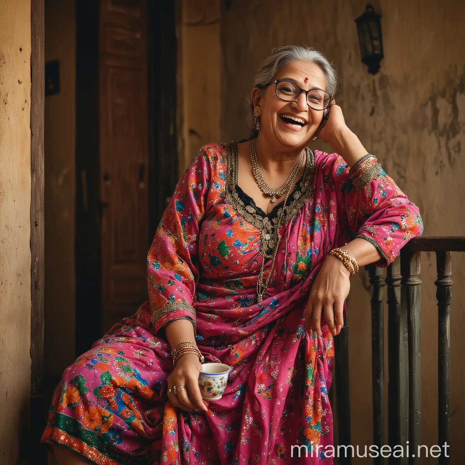 Elderly Punjabi Woman Enjoying Tea on Balcony at Night