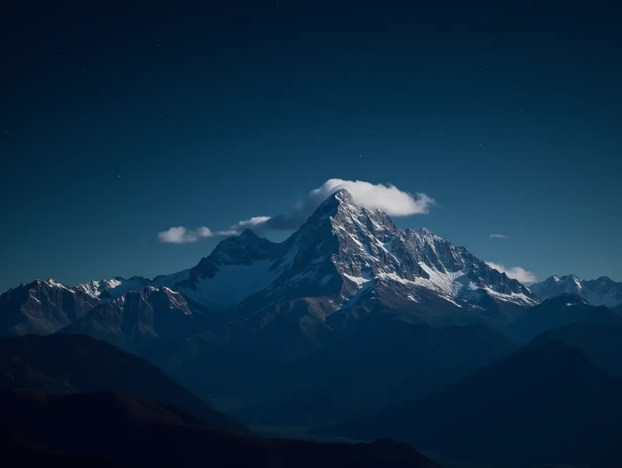 a mountain range with a dark starry night sky that culminates into one big mountain with a peak that has clouds on top of it, the mountain takes up a lot of the image and is the peak is at the top of the image