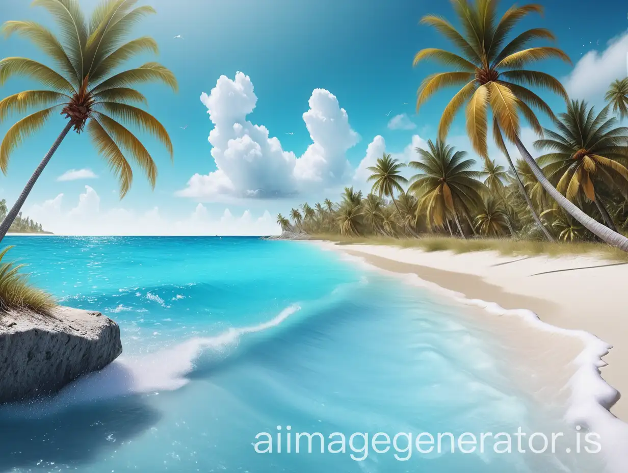 image a beautiful beach scene like San Andrés islands with crystal blue waters and palm trees. Hyper realistic for the background of a banner