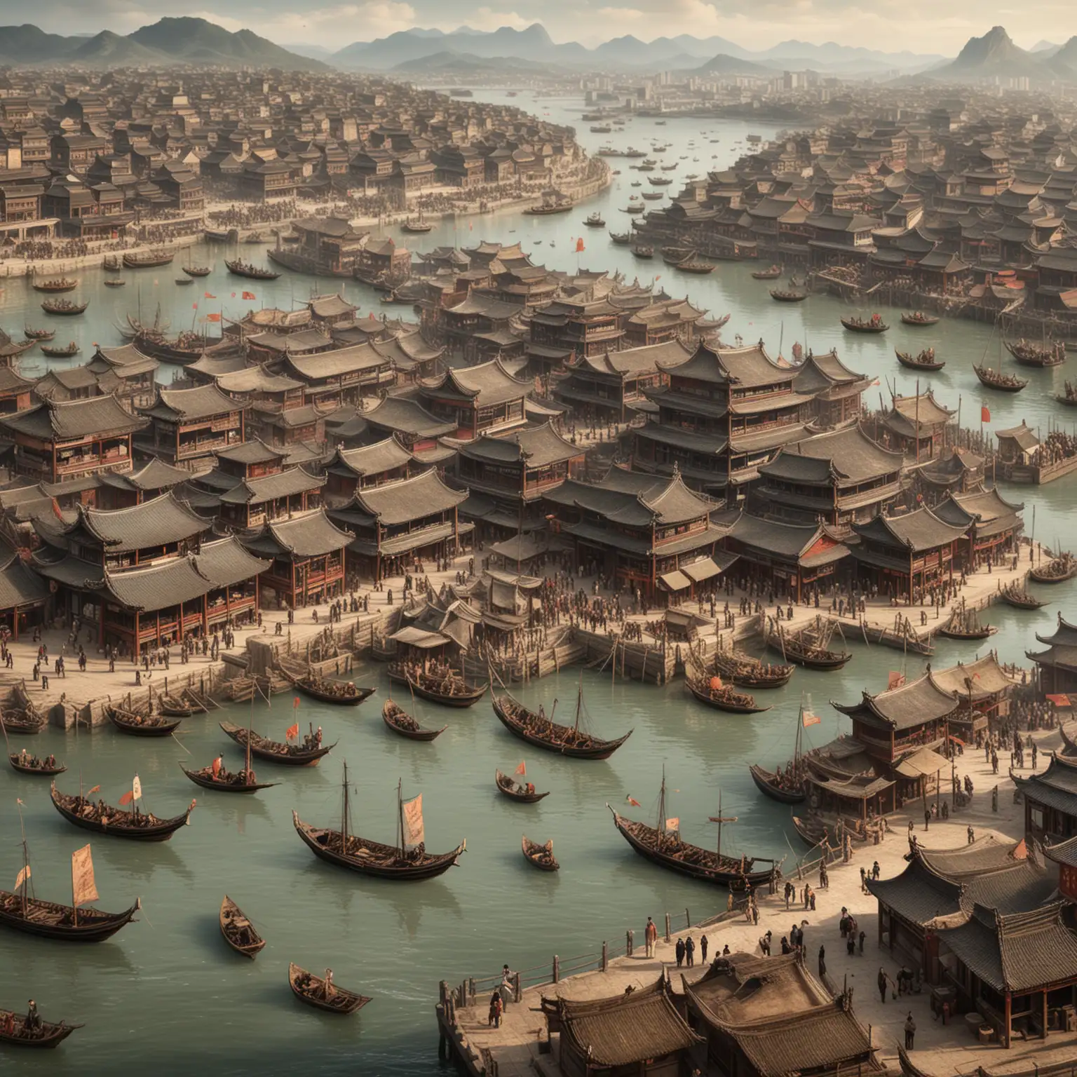 Realistic image of a bustling port city in 18th-century China