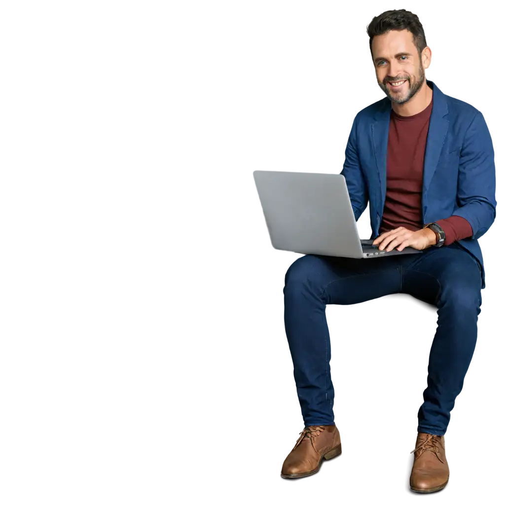 Smiling-Man-Sitting-at-a-Desk-with-Open-Laptop-PNG-Ideal-for-Professional-and-Creative-Uses