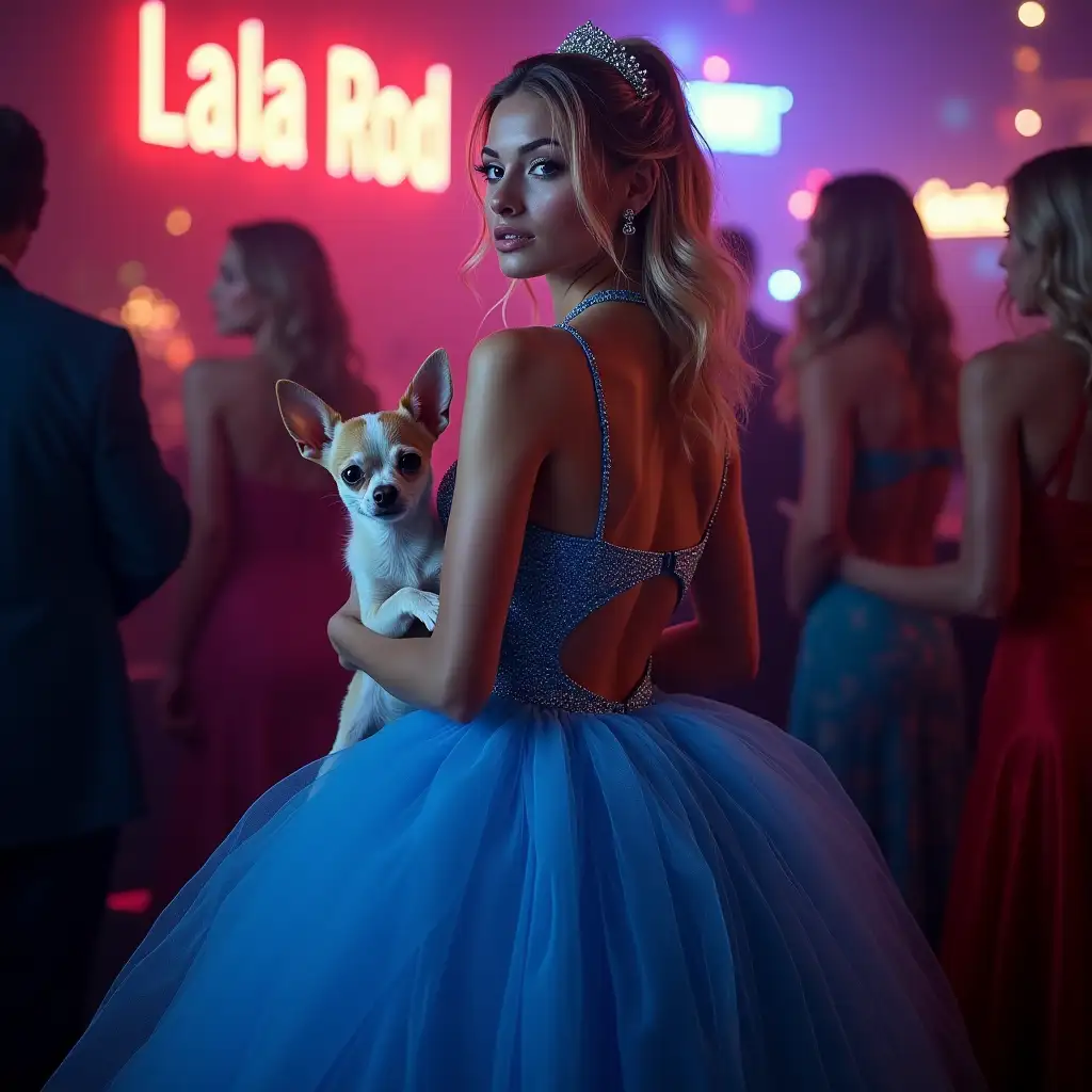 Cinderella in the current era. Sexy blue party dress. Standing in a nightclub. With a chihuahua dog in arms. Insert text 'Lala Rod'