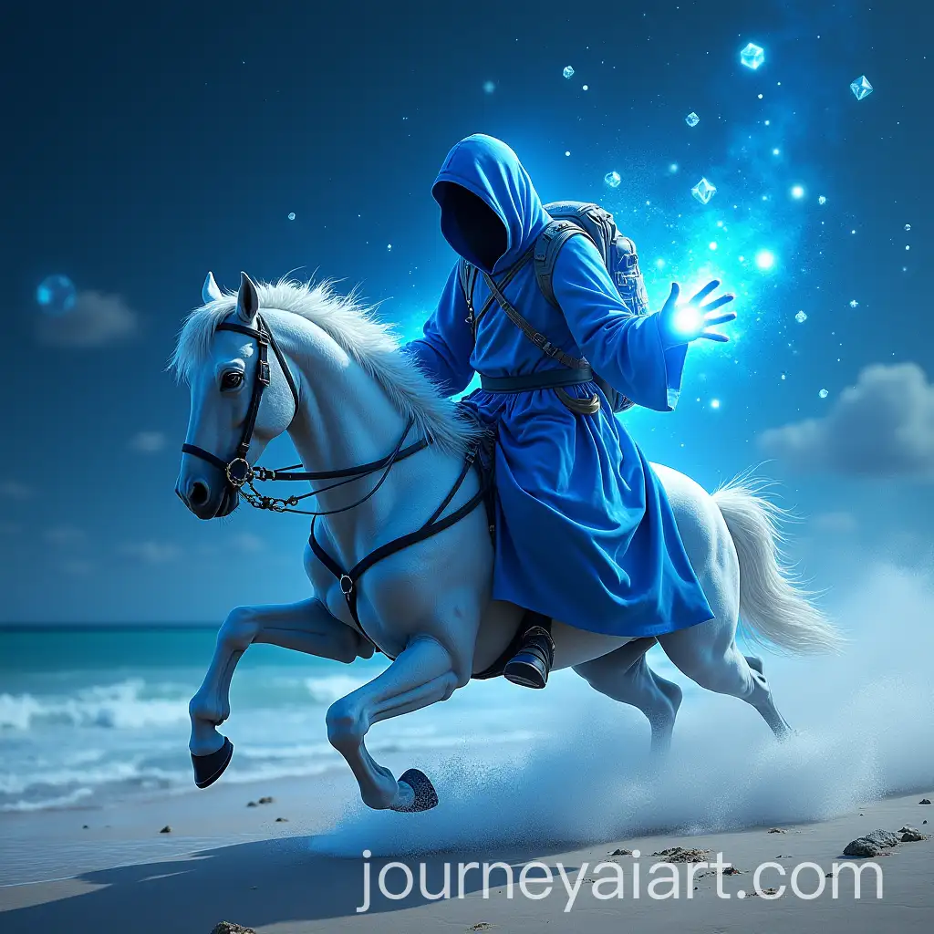 Hooded-Figure-in-Blue-Robe-Riding-Horse-through-Futuristic-Beach-Landscape