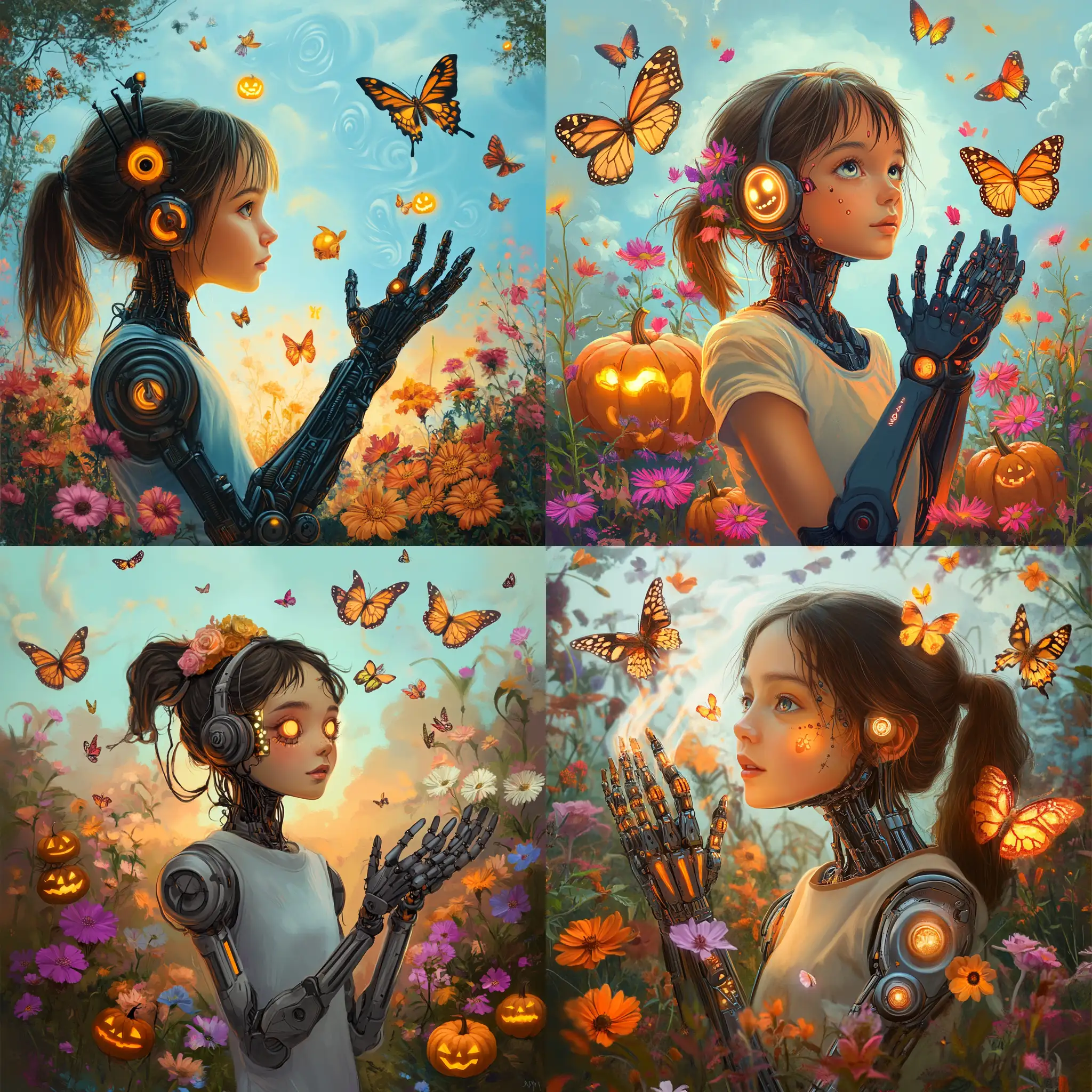 Spooky-Halloween-Scene-with-a-Girl-Featuring-Robotic-Hands-and-Enchanted-Flora