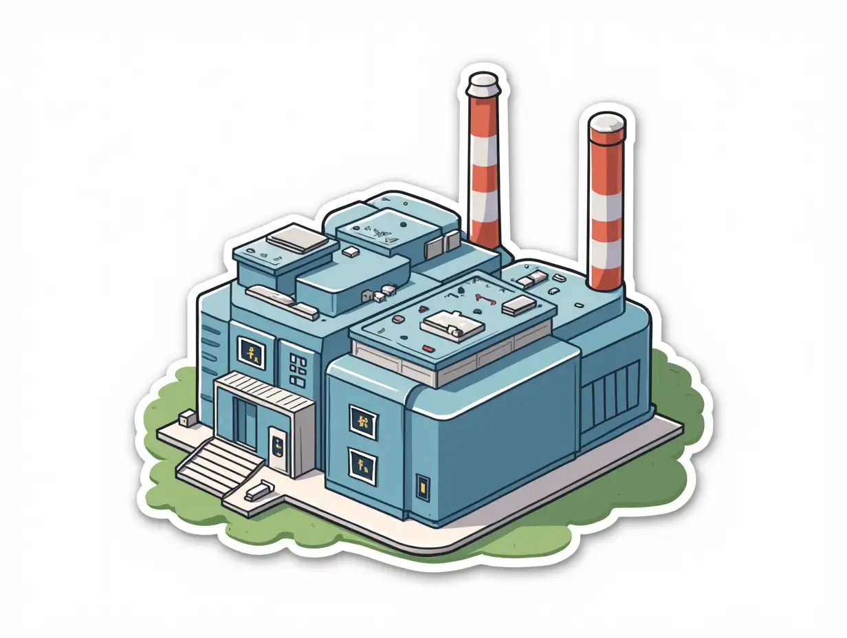 kawaii nuclear power plant Russian nuclear power units reactor of PWR type,  Sticker design - top view, high resolution, vector graphics, white background, anime-style coloring