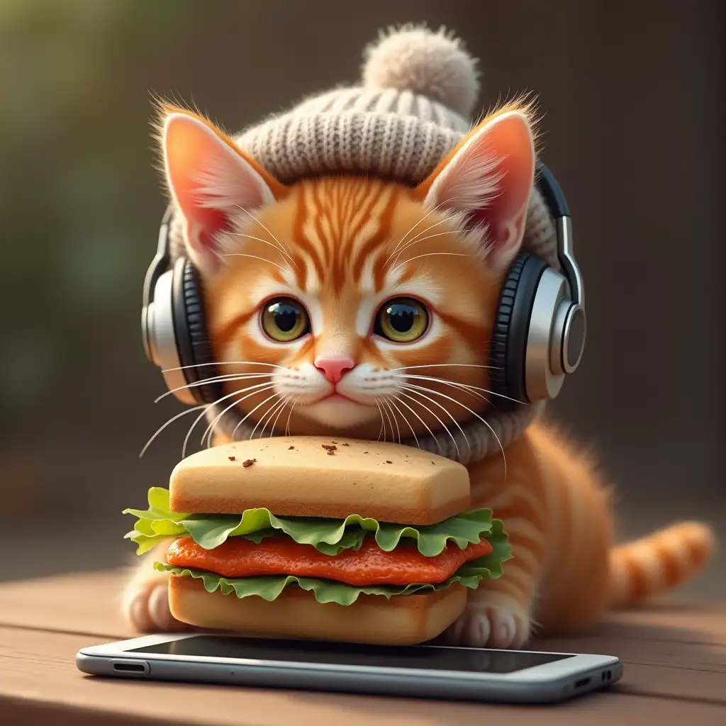 ginger cat, nice real kitten in knitted hat, has a square sandwich with fish, headphones on ears, and a phone lies in front horizontally