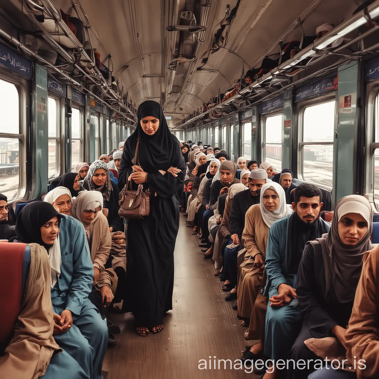 One woman said to another: The train is very crowded. You have been standing for a long time. Come sit with me. You will get tired standing. Islamic vector