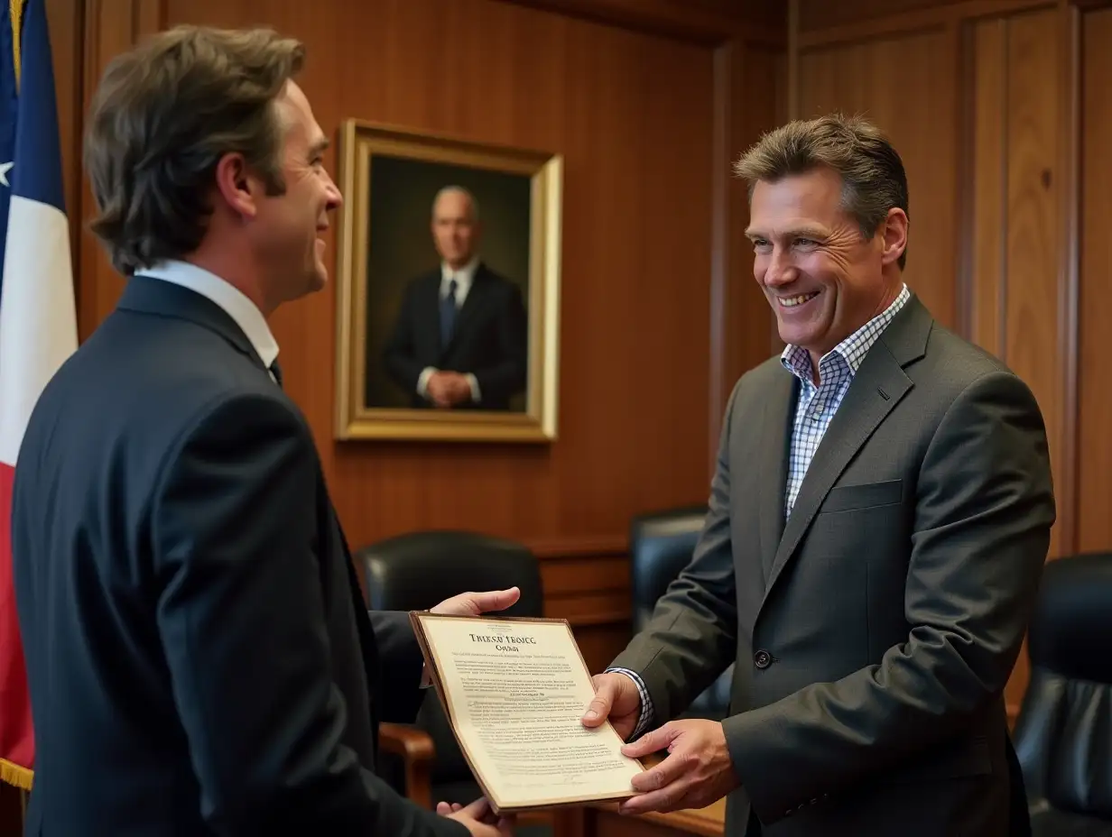 The mayor of Texas in his office and approving a man’s company and giving the man a document say Fredrick truck co