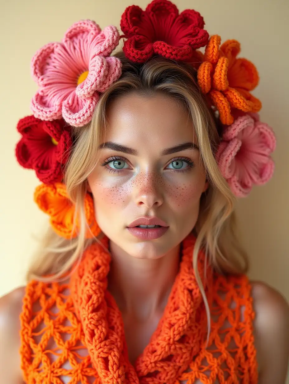 Freckled-Woman-with-Vibrant-Crocheted-Flowers-in-Raw-Fashion-Editorial-Style