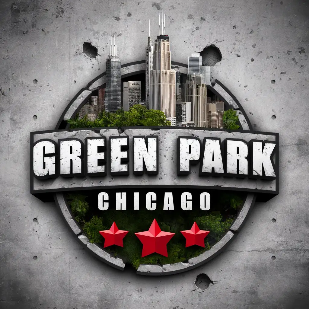 LOGO Design For Green Park Chicago Dark Green White and Black Circle Logo with Chicago Cityscape and Red Stars