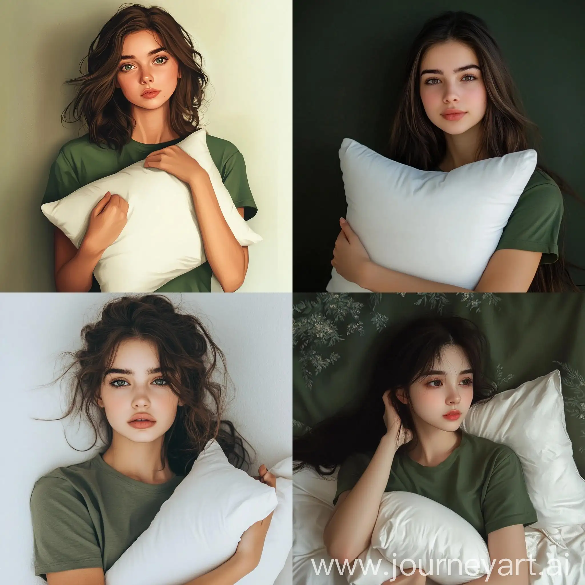 Young-Woman-in-Green-TShirt-Holding-White-Pillow