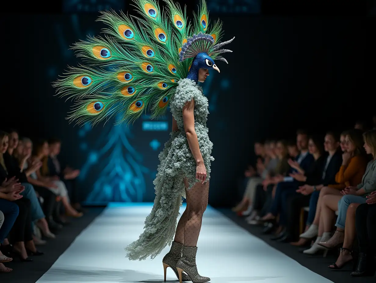 Ki-Fantasy, a mix of woman-and peacock head design with beautiful shoes at a fashion show