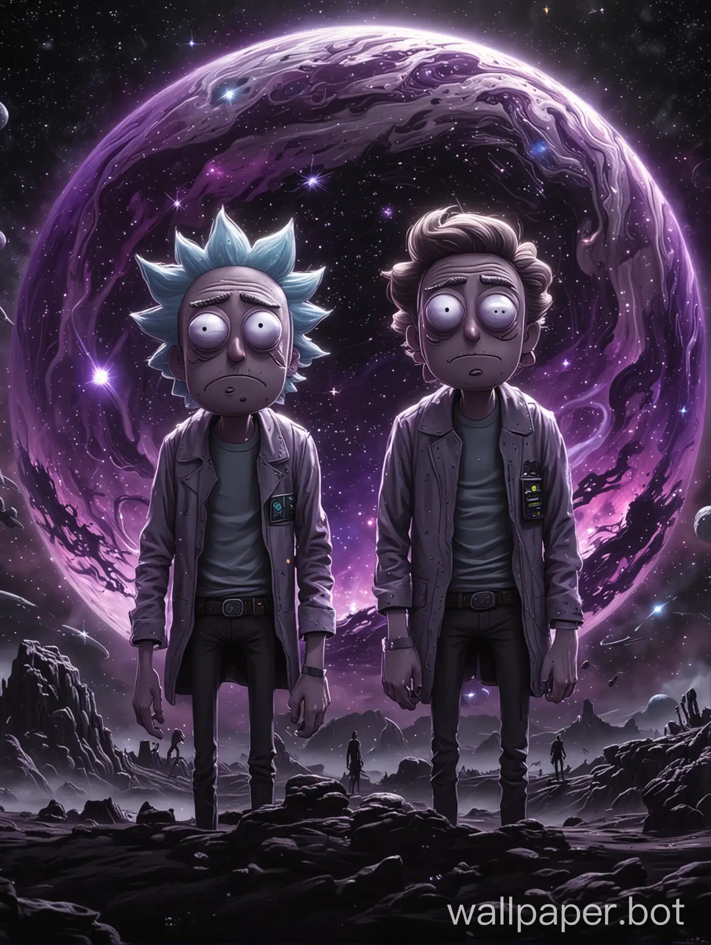 rick and morty in space and  they see galaxy's and stars far in front of them, in dark tones of black, grey and purple, and all this in realistic and fantasy style, hd, high quality, high quality body and face, high quality limbs, 8k, 4k