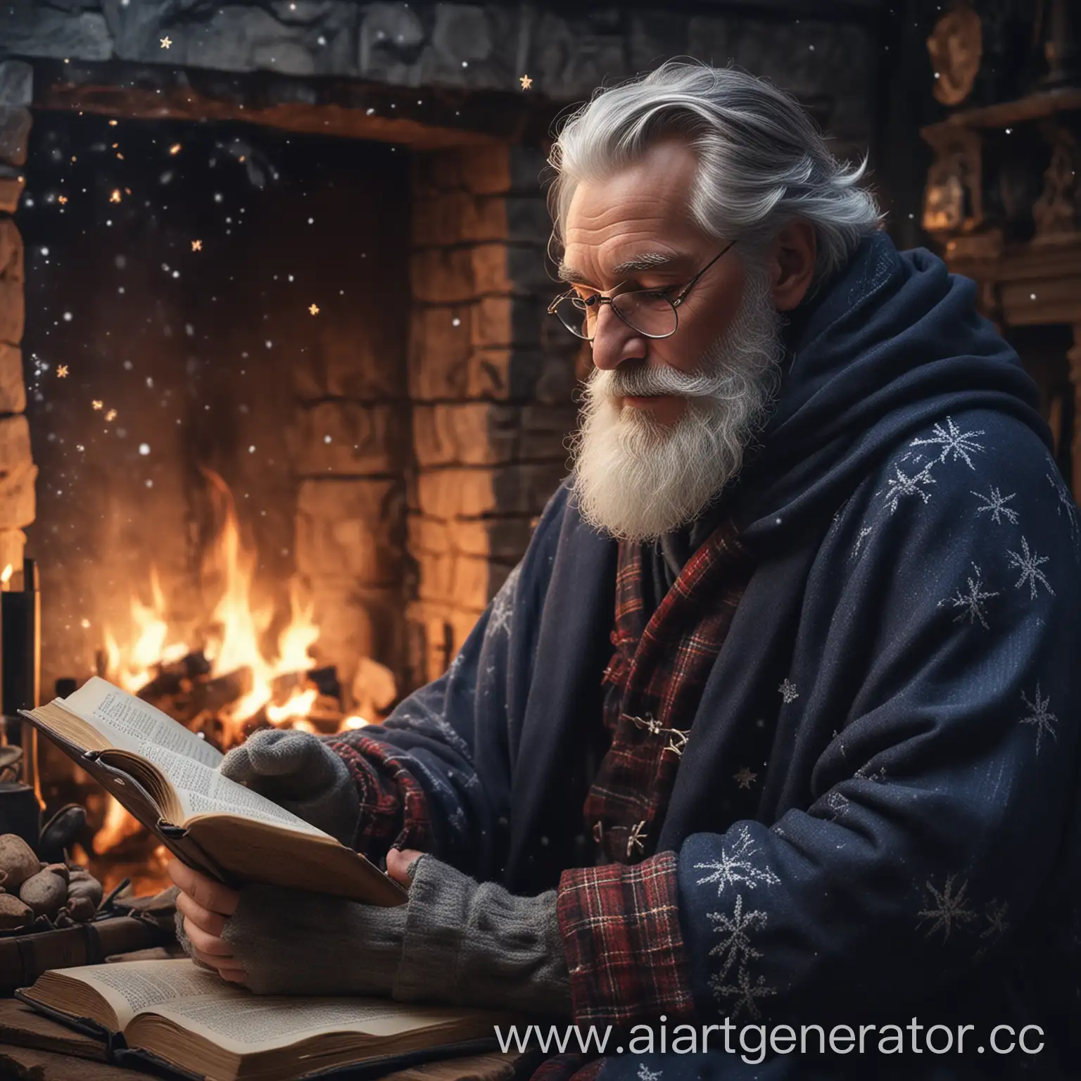 A wintery fairytale narrator sits by the fire, wrapped in a warm plaid. He is wearing an old dark blue cloak adorned with silver stars and warm gloves. His face is framed by grey hair and beard, and his eyes twinkle with wisdom. In his hands - an ancient book, from which emanates soft light. Around him snowflakes dance in the air, and a fireplace warms the atmosphere of a cozy winter night full of magical stories.