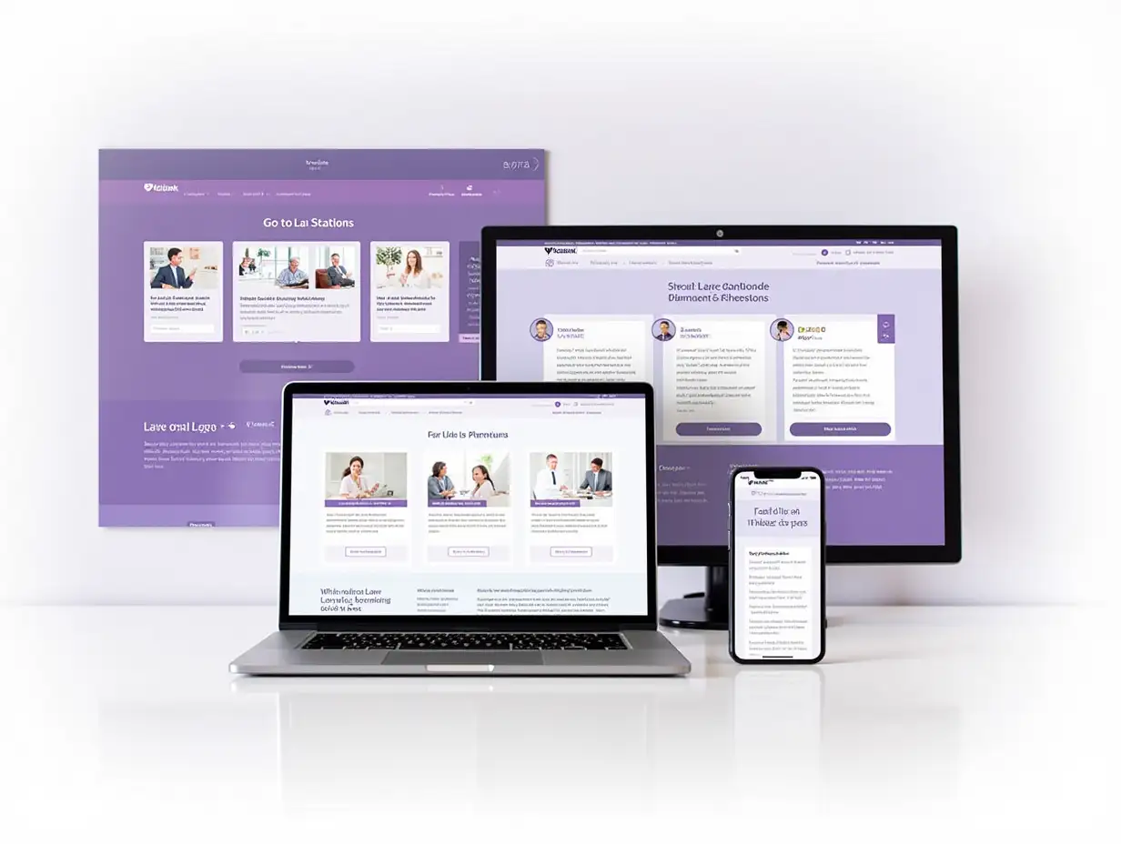 A grid layout mockup of 3-4 modern law firm websites, shown on desktop and mobile devices. Clean background with subtle branding of Vekalink in one corner. Stylish and professional. Purple theme