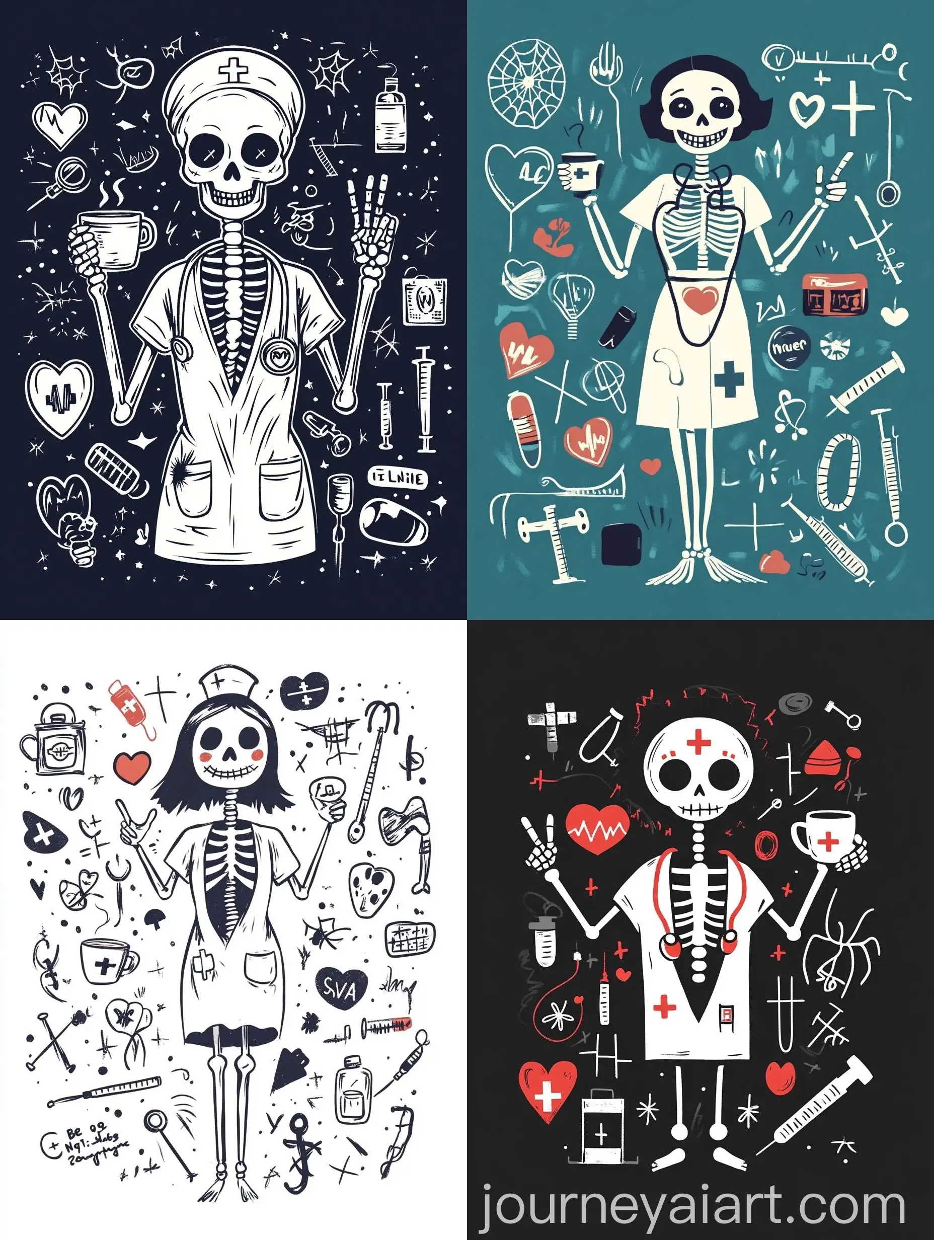Cute-Halloween-Skeleton-Nurse-with-Coffee-Cup-and-Medical-Icons