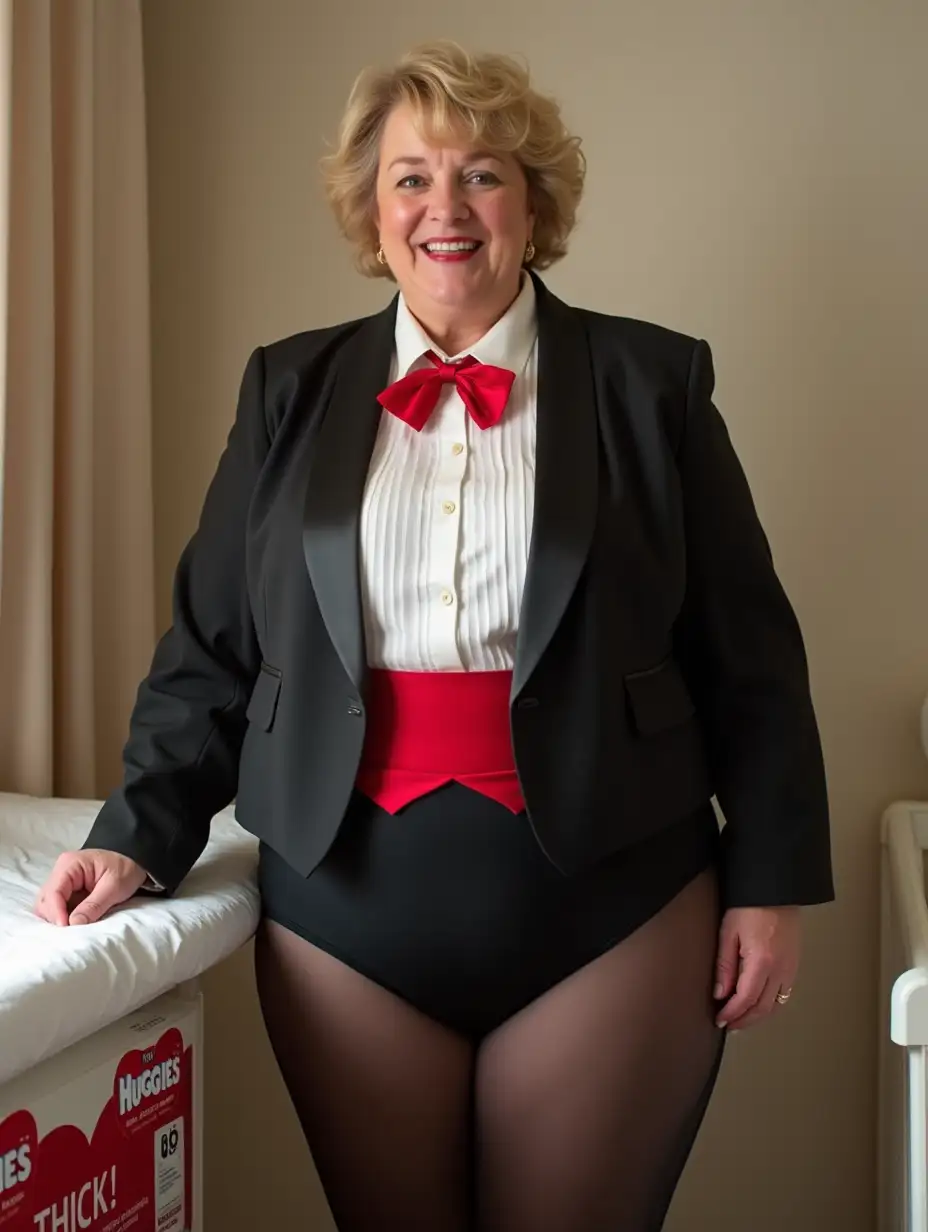 Smiling-Caucasian-Woman-in-Tuxedo-at-Changing-Table-with-Huggies-Diapers