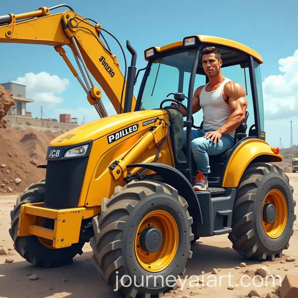 Muscular-Man-Operating-Bright-Yellow-JCB-Excavator-at-Construction-Site