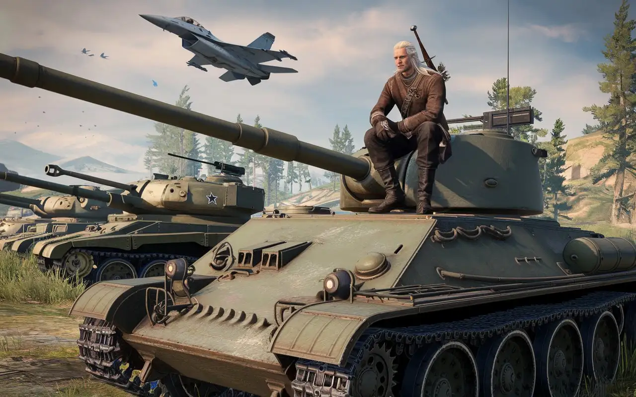 Geralt sits on a tank tank and tanks are standing next to it in the sky an fighter plane flies in the game war thunder