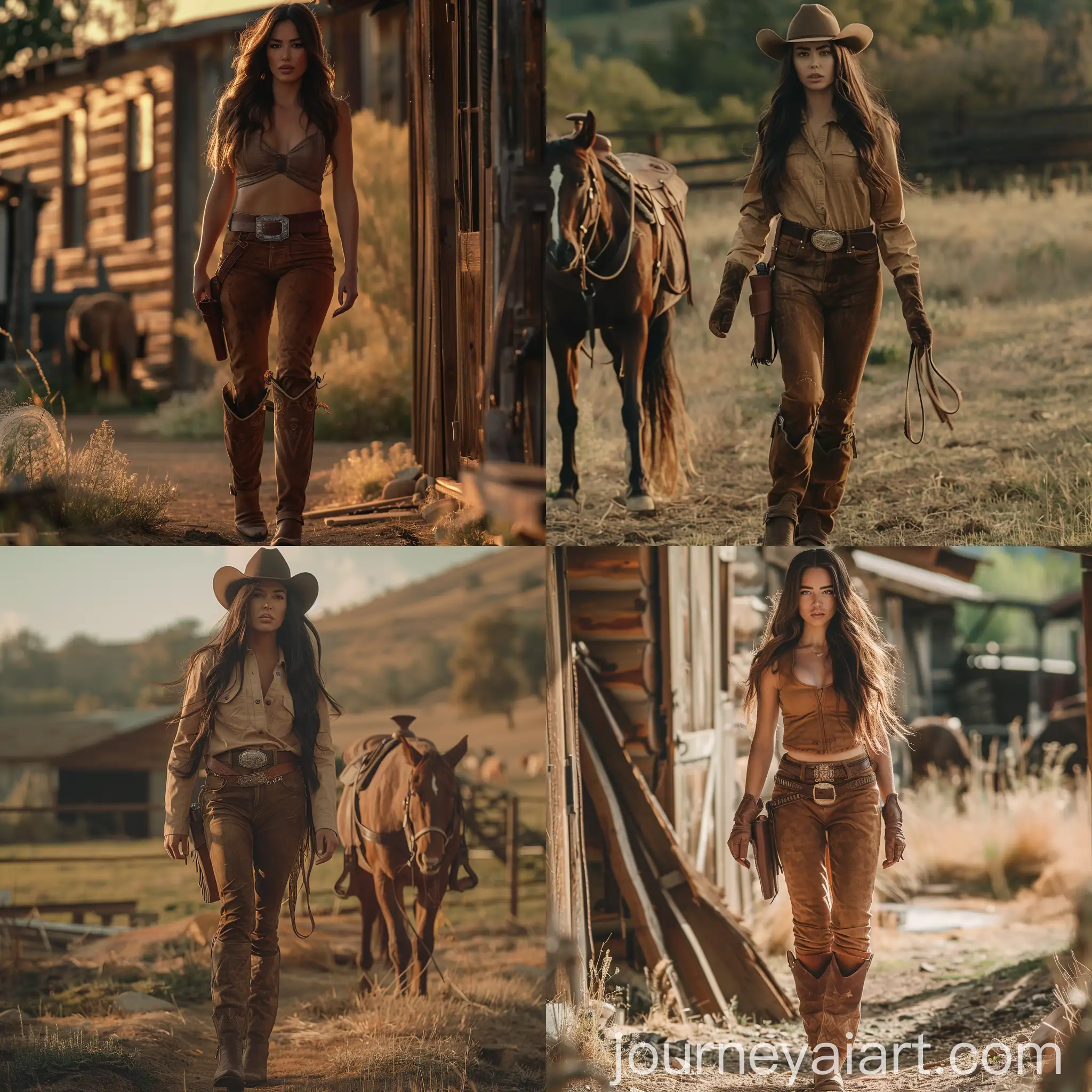 Megan-Fox-Walking-in-a-Ranch-in-Brown-Cowgirl-Chaps-and-Boots