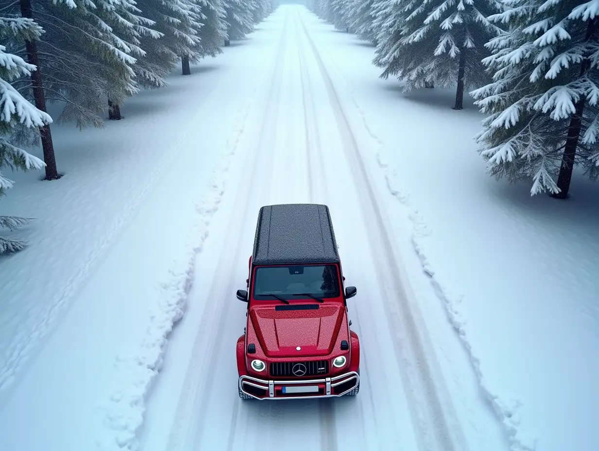 A bird's-eye view of a red Mersedes G63 driving along a snow-covered road, flanked by a winter forest, it is snowing