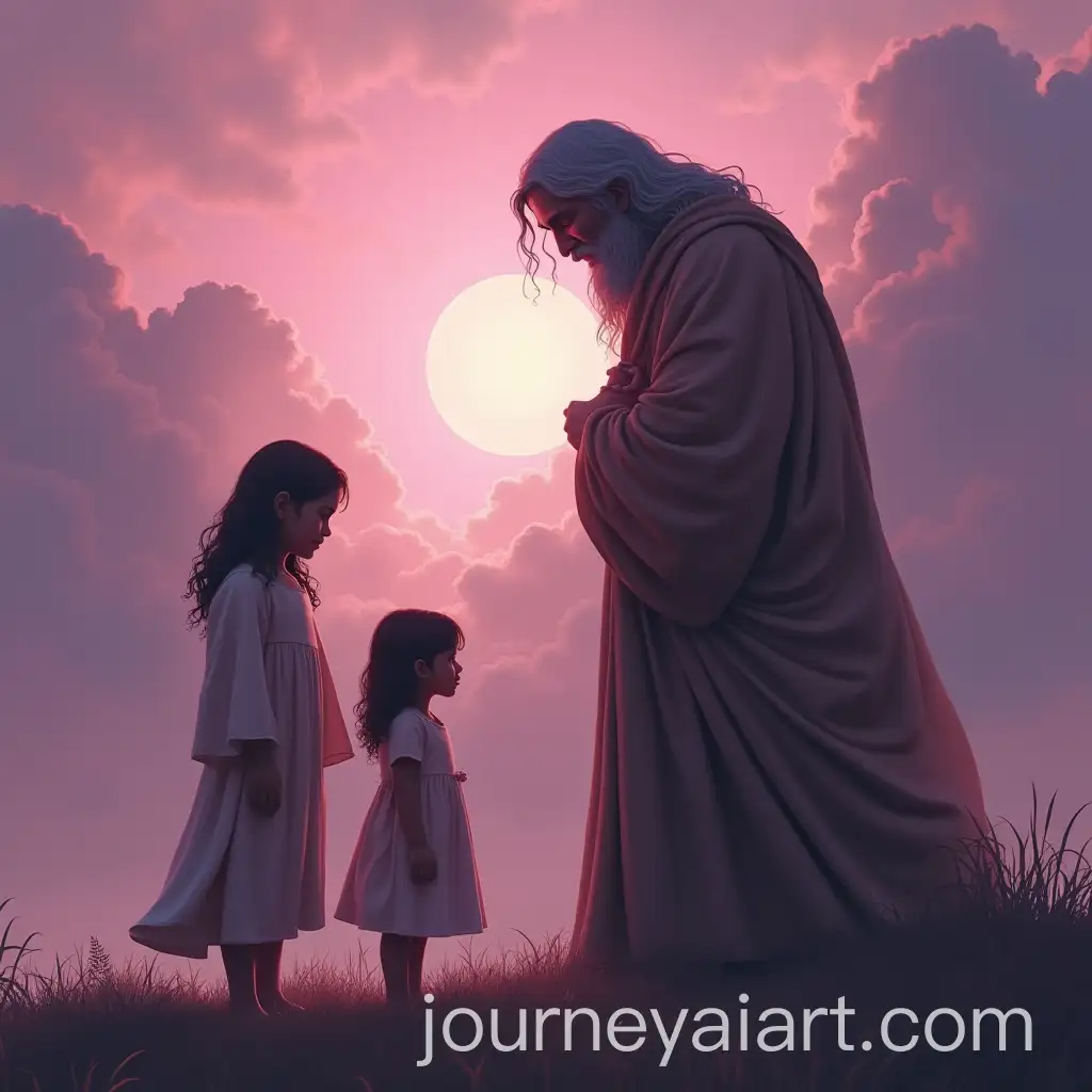 Jesus-and-Little-Girl-Standing-with-Crying-GodDad-Under-a-Pink-and-Purple-Sky