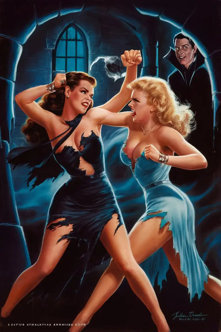 1940s-Magazine-Cover-Fierce-Female-Vampires-Clash-in-Castle-Movie-Set