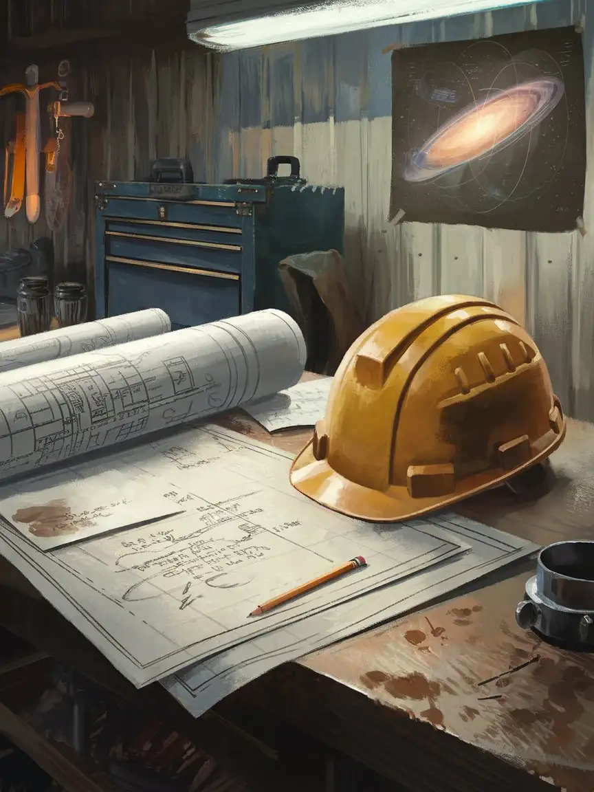 A dimly lit workbench or simple desk in a gritty garage or workshop. On the table sits a well-worn yellow hard hat next to rolled-out blueprints—not of a building or machine, but of a spaceship. Scribbled notes, coffee stains, and a pencil suggest this is someone's secret side project. In the background, a toolbox sits beside a glowing model rocket or galaxy map pinned to the wall. Painterly realism with soft lighting, blending earthly grit with subtle cosmic ambition.