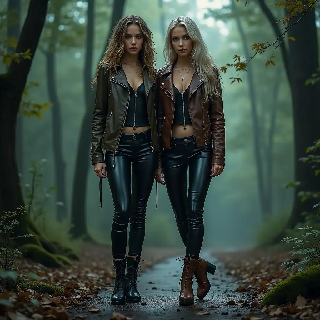 Two-Older-Girls-in-the-Forest-Wearing-Leather-Pants-and-High-Heels