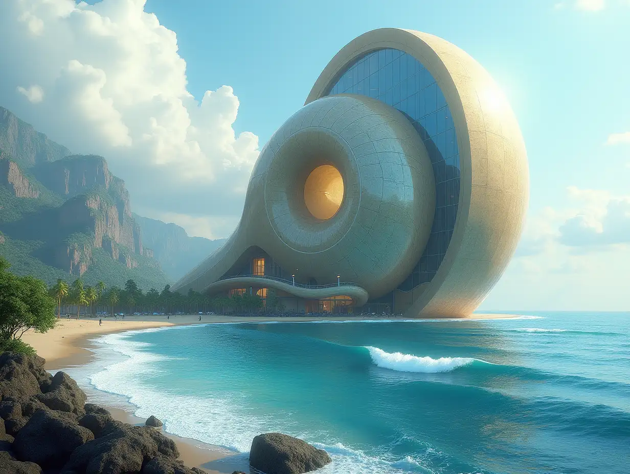 Create a high-resolution, realistic image of a very tall futuristic building shaped like a snail shell with blue and gold sea with very large waves, big trees, rocky clouded sky