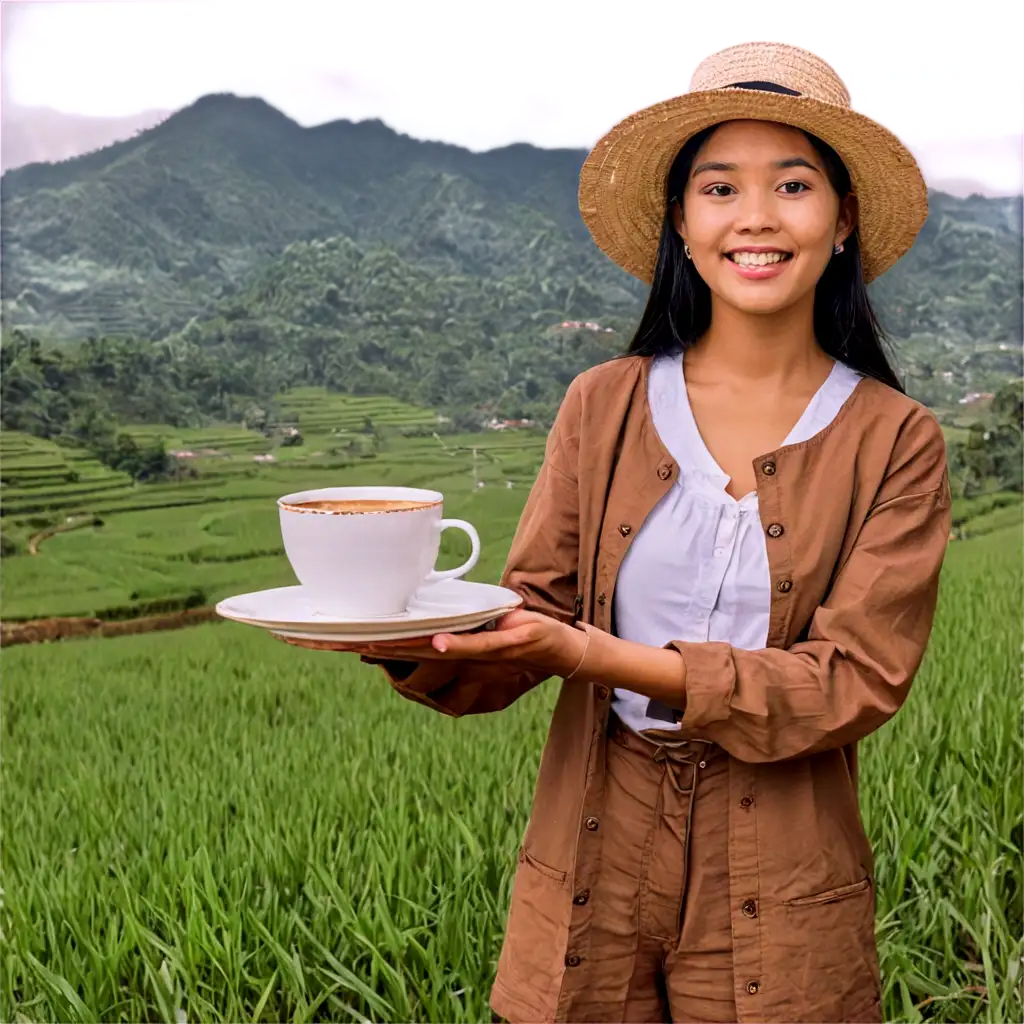 PNG-Image-of-a-Girl-from-Sukabumi-Village-Offering-Coffee-with-Rice-Fields-and-Mountains-in-the-Background