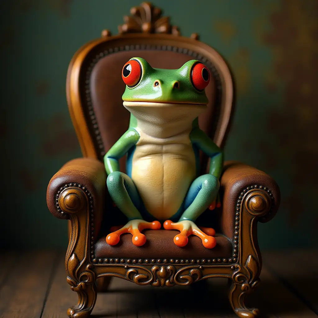 Fantasy-Frog-Sitting-on-Vintage-Chair-in-Enchanted-Setting