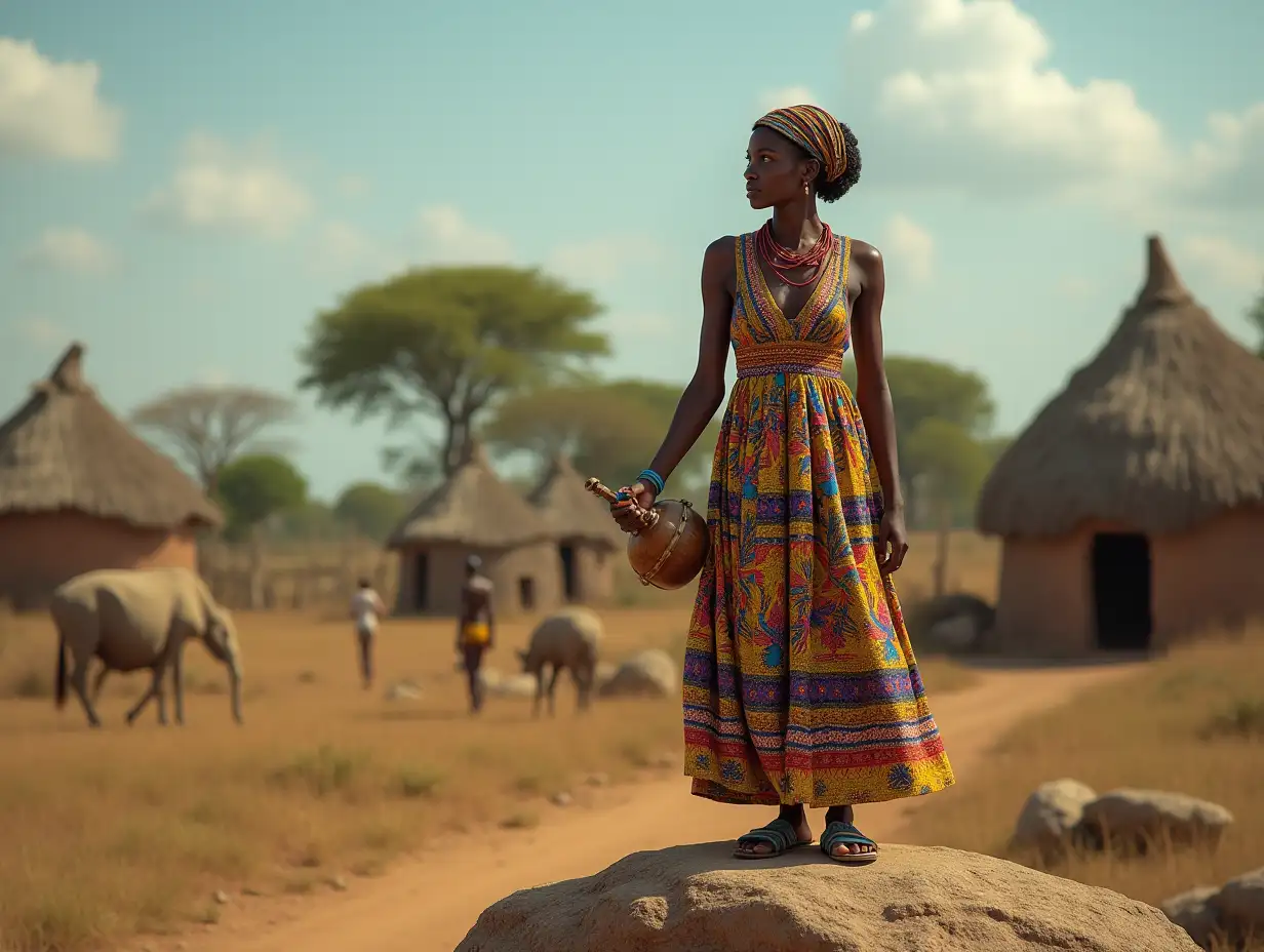 African princess with a beautiful colorful dress and sandals, standing on a rock with a musical instrument in her hand in the village 4K resolution Vibrant