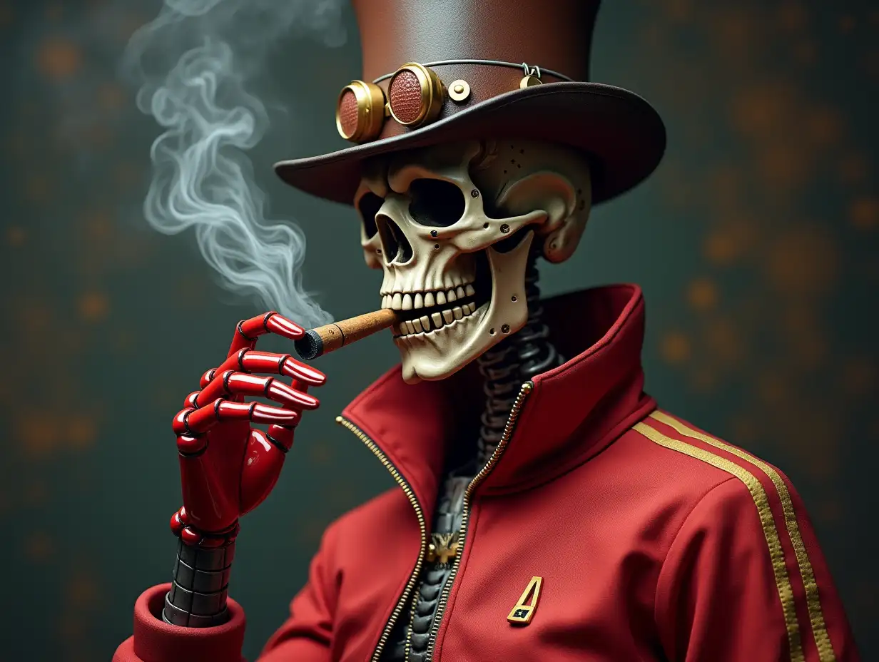 Create a high-resolution, realistic image of a robot with a skeleton body, red porcelain hands and head, fashionable tracksuit, a Steampunk top hat with smoking cigar in mouth, in 4K resolution (Steampunk 8K quality)