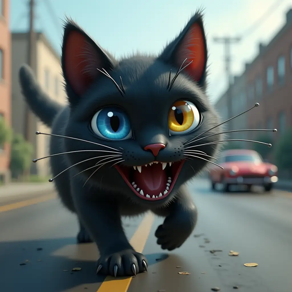 Big black cat, one blue eye, second yellow eye, scars and piercings on the face, runs away in fear from a car on the road, computer graphics style